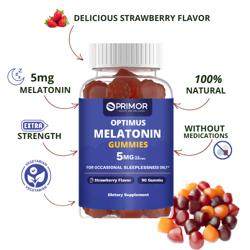 Optimus Melatonin Gummies Natural Sleep Support – Maximum Strength 5 mg Per Serving- Strawberry Flavor – Vegetarian - Gluten Free – 100% Natural – 90 Gummies