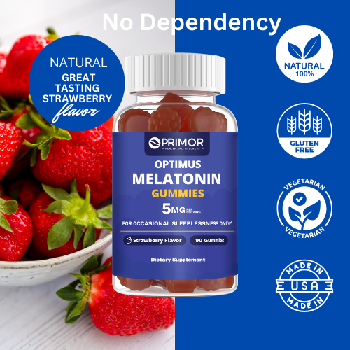 Optimus Melatonin Gummies Natural Sleep Support – Maximum Strength 5 mg Per Serving- Strawberry Flavor – Vegetarian - Gluten Free – 100% Natural – 90 Gummies