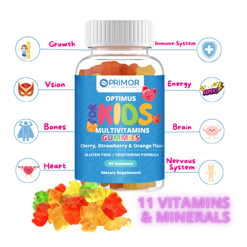 Optimus KIDS Vitamins & Minerals Gummies 11 Vitamins & Minerals for Overall Health and Immune Support -Delicious Flavor – Vegetarian – Gluten Free – 100% Natural - Ages 2+ Made in USA- 90 Gummies