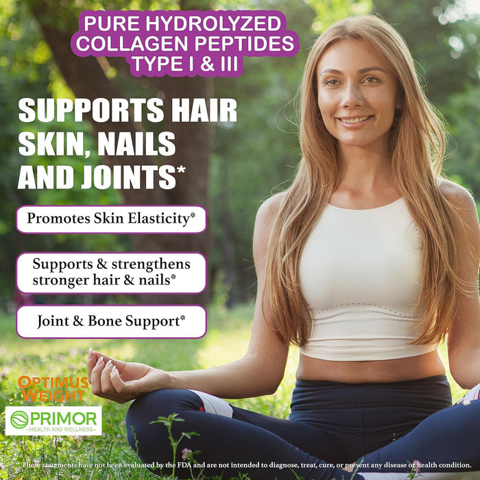 Optimus COLLAGEN Pure Hydrolyzed Peptides Supplement Powder - For Hair, Skin, Nails and Joints - Type I & III - for Women & Men (Unflavored, 30 Servings)