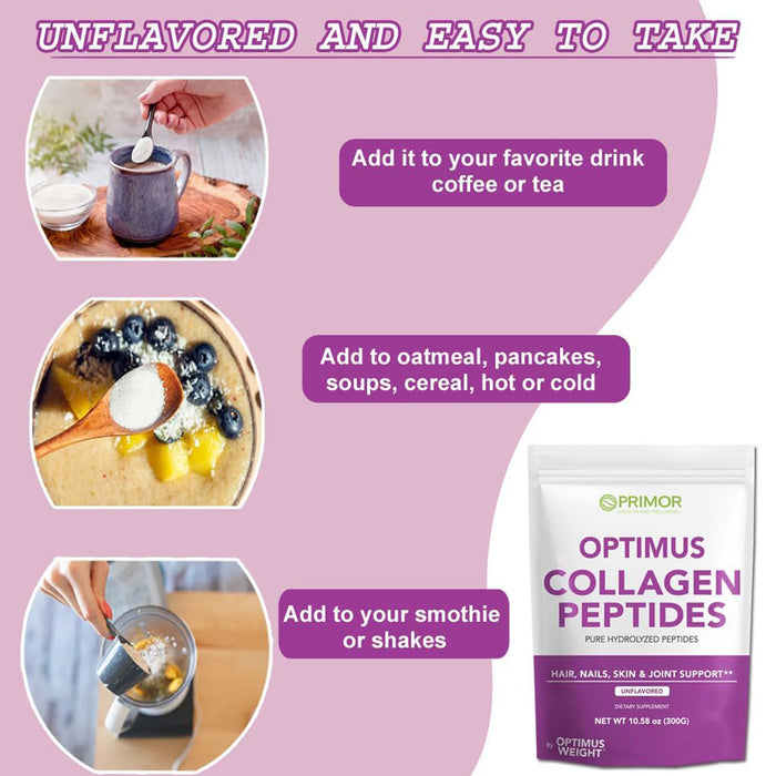 Optimus COLLAGEN Pure Hydrolyzed Peptides Supplement Powder - For Hair, Skin, Nails and Joints - Type I & III - for Women & Men (Unflavored, 30 Servings)
