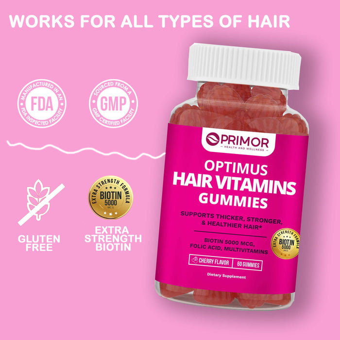 Optimus VITAMINAS PARA EL CABELLO Gomitas, 5000 mcg de Biotina – Sabor Cereza: Con Vitaminas A, C, D, E, B6 y B12, con Zinc, Yodo, para un Cabello Hermoso + Grueso, Fuerte y Saludable - Hombres y Mujeres
