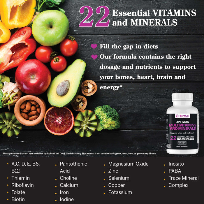 Optimus MULTIVITAMINAS Y MINERALES - 1 al día, repleto de 22 elementos esenciales - Apoyo inmunológico | Metabolismo Energético | Salud ósea | Apoyo cognitivo y más… – Para mujeres y hombres