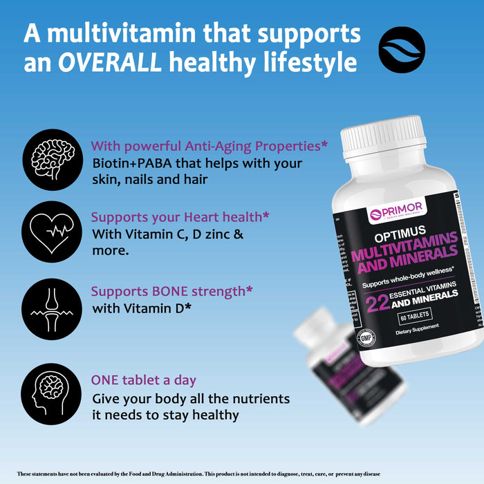 Optimus MULTIVITAMINAS Y MINERALES - 1 al día, repleto de 22 elementos esenciales - Apoyo inmunológico | Metabolismo Energético | Salud ósea | Apoyo cognitivo y más… – Para mujeres y hombres