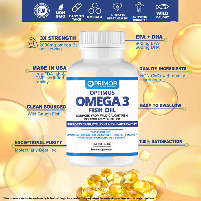 Optimus OMEGA-3 Wild Fish Oil - Triple Strength – 2000 mg – EPA/DHA – Molecularly Distilled | Supports Brain, Eye, Joint and Heart Health