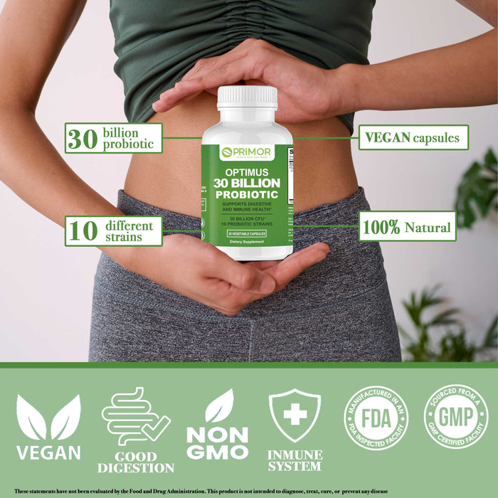 Optimus 30 Billion PROBIOTICS - 10 Strains | Vegan, NON-GMO | Healthy Gut | Supports the Digestive System | Occasional Constipation, Diarrhea, Bloating & Gas. For Women and Men.