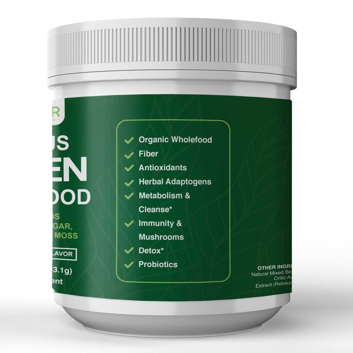 Optimus GREEN SUPER-FOOD - Organic Irish Moss + ACV Powder - 8 Blends and 21 Organic Superfoods: Delicious Natural BERRY Flavor, NON-GMO, Vegan | Thyroid | Digestion | Detox | Mushrooms and more…