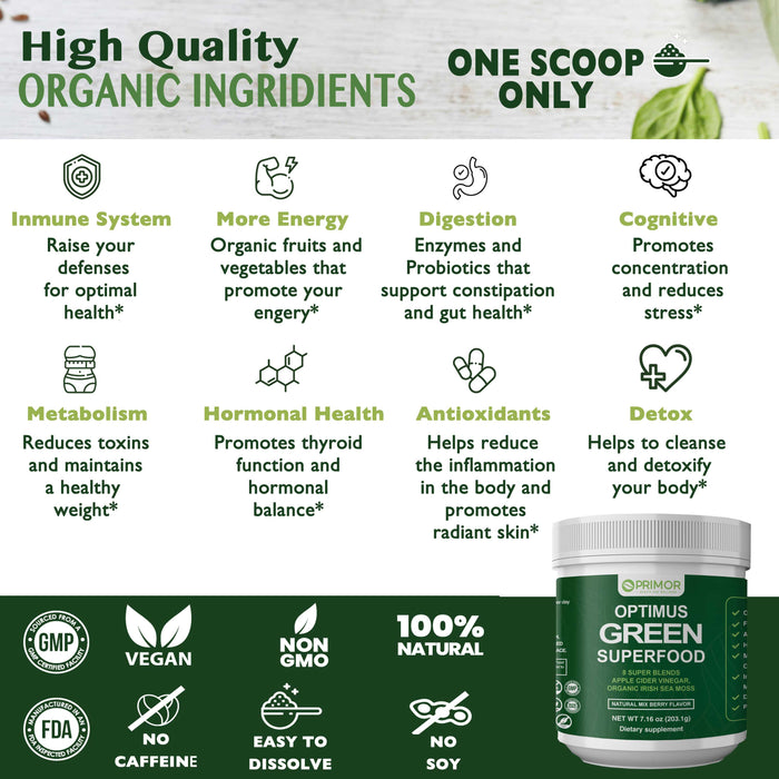 Optimus GREEN SUPER-FOOD - Organic Irish Moss + ACV Powder - 8 Blends and 21 Organic Superfoods: Delicious Natural BERRY Flavor, NON-GMO, Vegan | Thyroid | Digestion | Detox | Mushrooms and more…